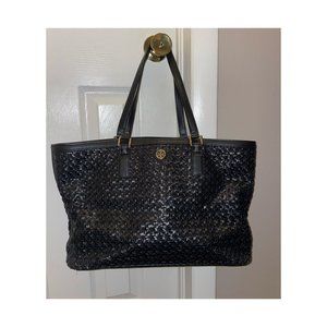 Tory Burch Ganson Black Woven Calfskin Double Handle Tote